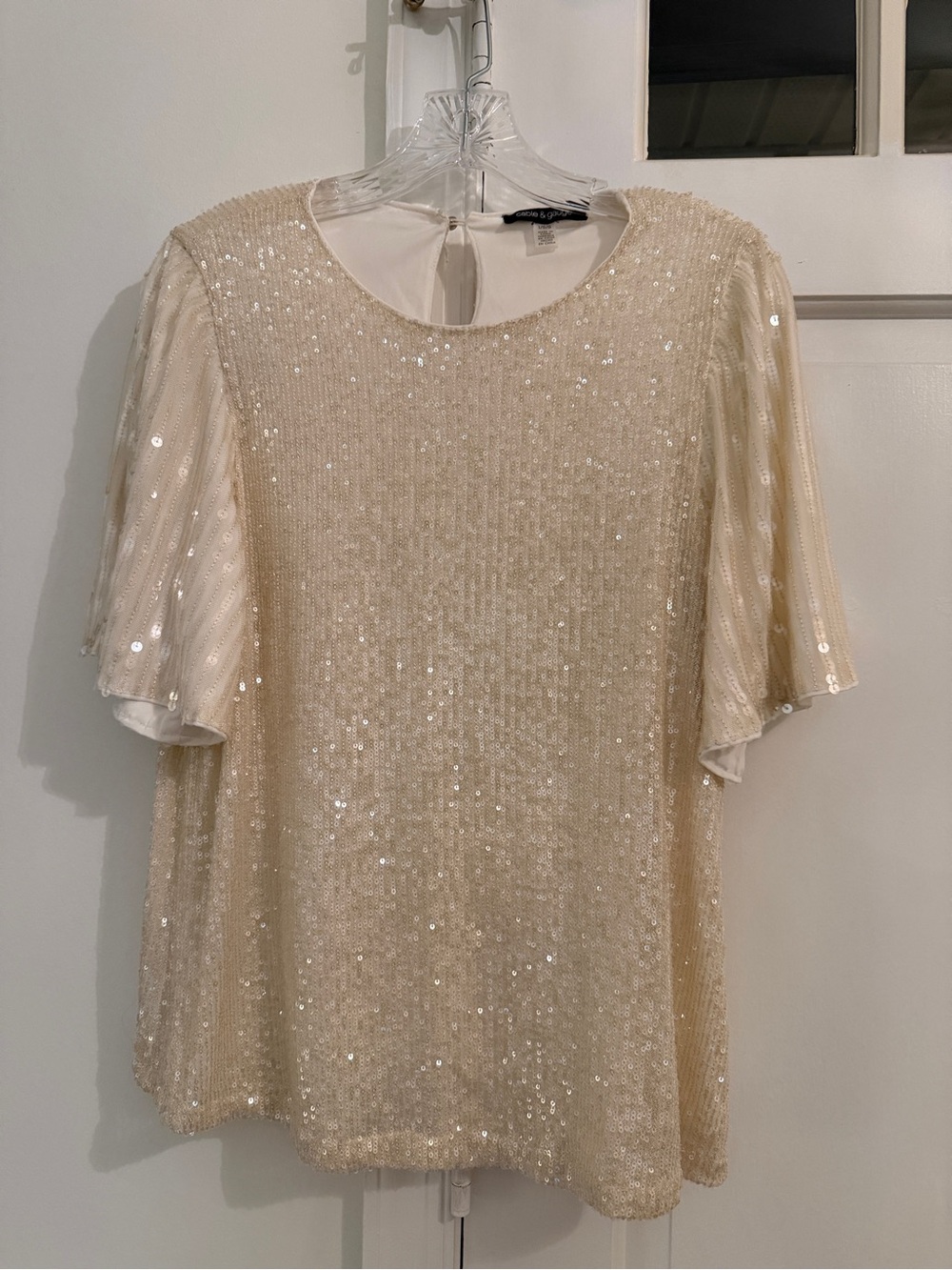 Cable & Gauge Cream Sequin Flutter Sleeve Top-Size Large